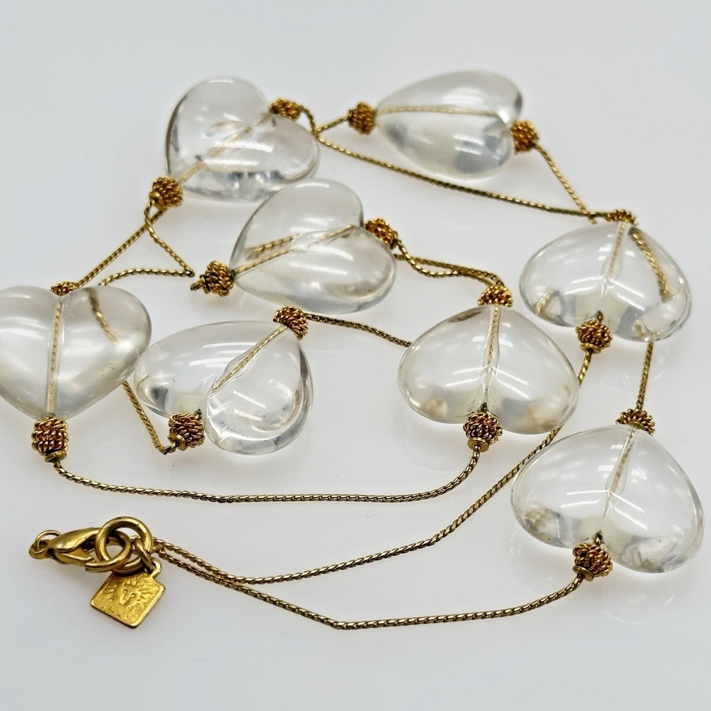 Anne Klein Couture Clear Lucite Heart Necklace Gold Chain 1990s 36 in Clasp